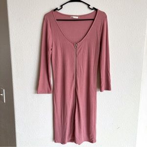 Heart & Hips Mauve Long Sleeve Zip Up Ribbed Fitted Dress